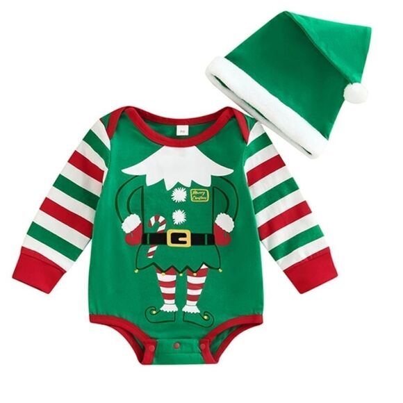 NWT Baby Elf Suit Romper Set and Santa Hat - Picture 1 of 12